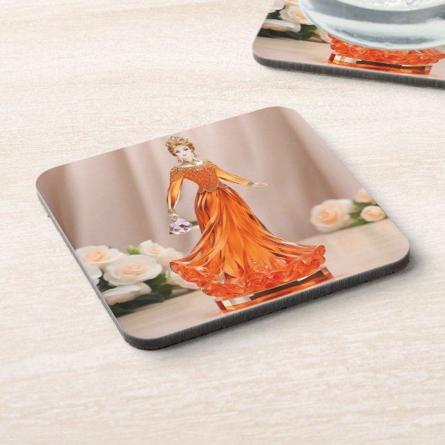 Kristallglasprinzessin mit orangefarbenem Kleid Getränkeuntersetzer (Linke Seite)