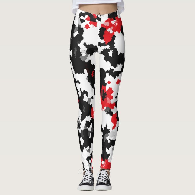 Kristallrotes Schwarzweiß-Weiß-Abstraktes Muster Leggings (Vorderseite)