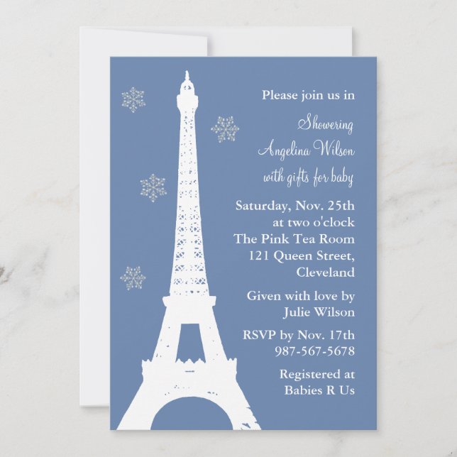 Kristallschneeflocken in Paris (blau) Einladung (Vorderseite)