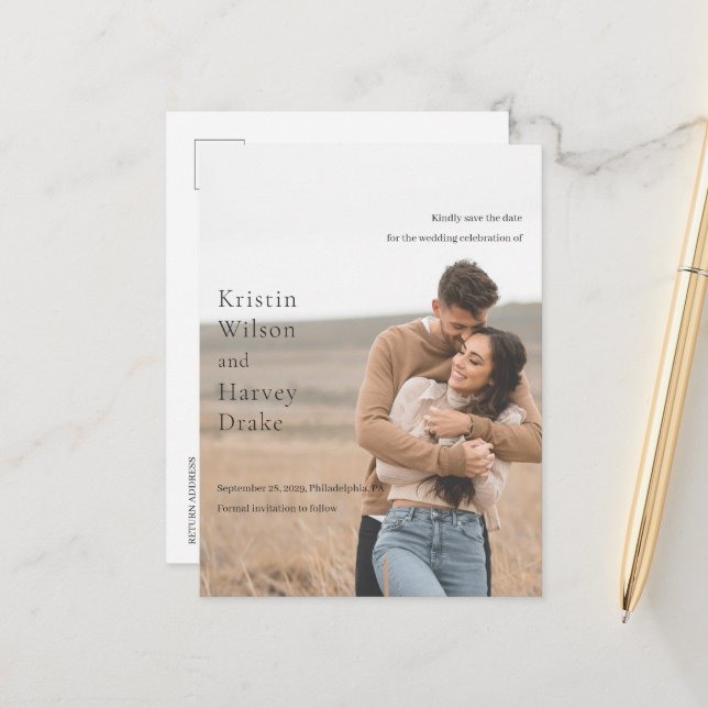 Kristin Foto Moderne Hochzeit retten Datum Ankündigungspostkarte (Vorderseite/Rückseite Beispiel)
