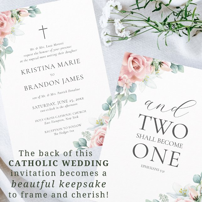 Kristina Pink Floral Moderne katholische Hochzeit Einladung (Von Creator hochgeladen)