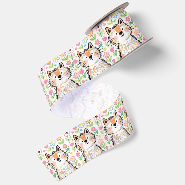 Kritzelkatze Weiß Satinband (Rückseite)