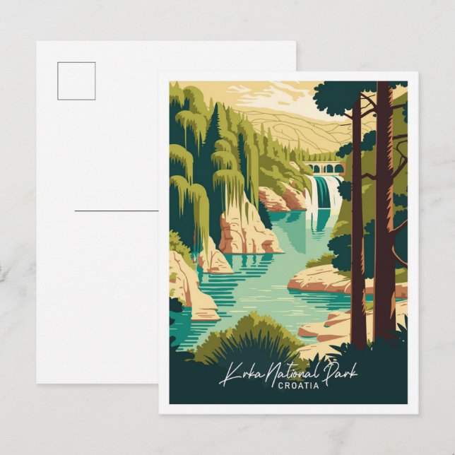 Krka Croatia Art Travel Vintage Illustration Postkarte (Vorne/Hinten)