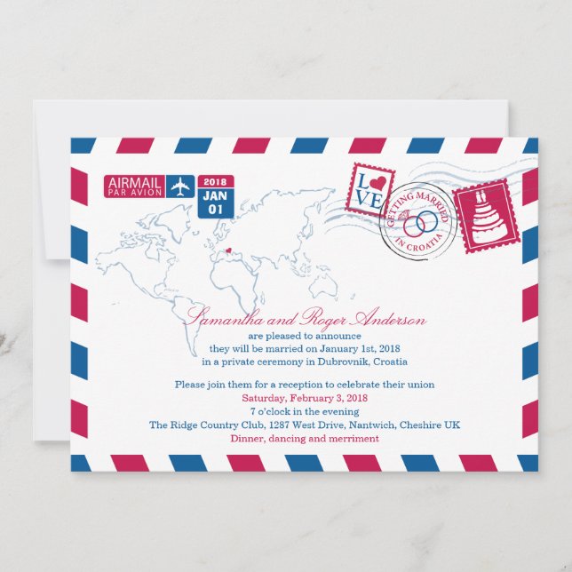 Kroatien Luftpost Hochzeitsempfang Einladung (Vorderseite)
