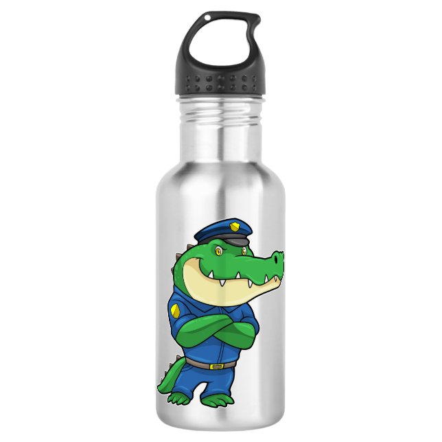 Krokodil als Polizeibeamter mit Polizeiuniform Edelstahlflasche (Vorderseite)