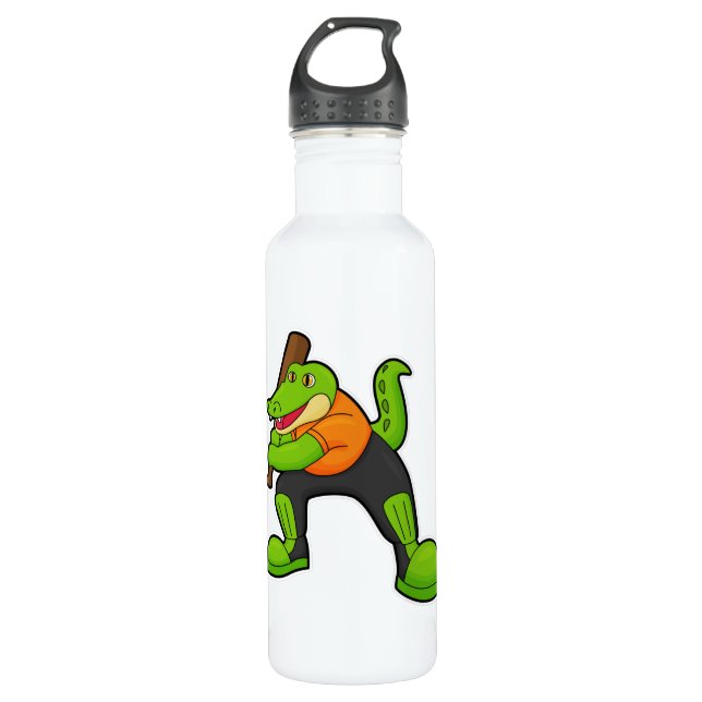 Krokodil am Cricket mit Cricket-Schläger Edelstahlflasche (Vorderseite)