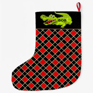 Krokodil auf Schwarz & Rot-Diamant-Muster Großer Weihnachtsstrumpf