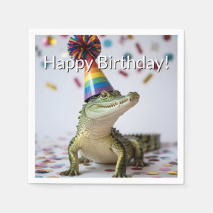 Krokodil mit Regenbogen-Geburtstagshut Serviette