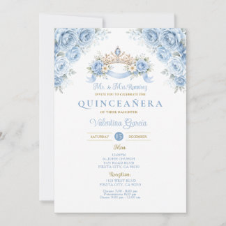 Krone Dusty Blue Krone Gold Quinceañera Floral Einladung
