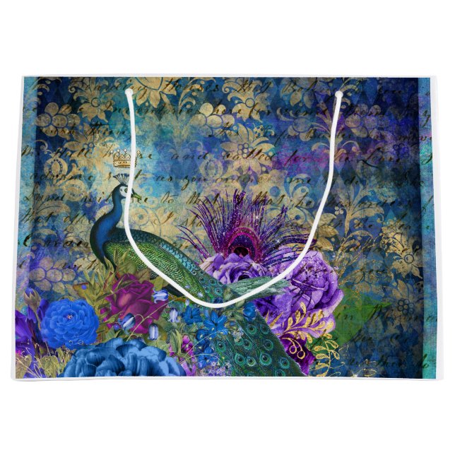 Krone Pfau auf Blauem Lila Blauer Flor Große Geschenktüte (Vorderseite)
