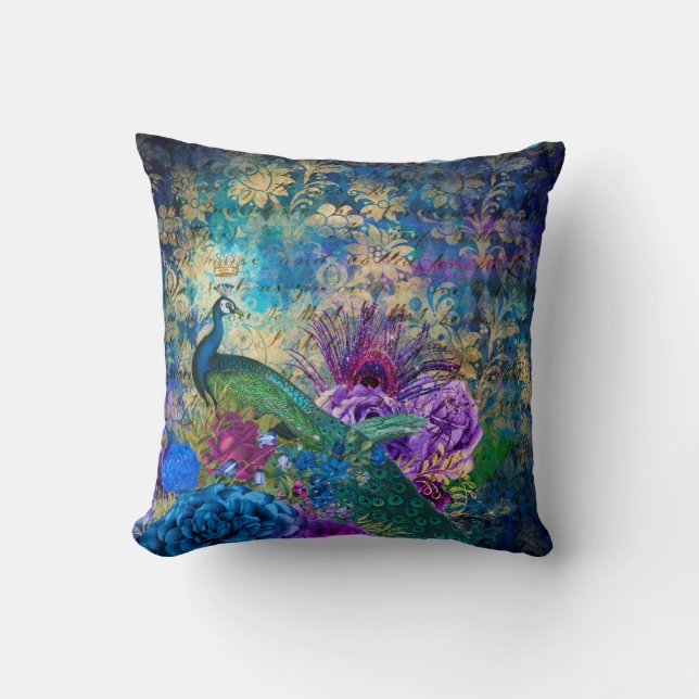 Krone Pfau auf Blauem Lila Blauer Flor Kissen (Vorderseite)