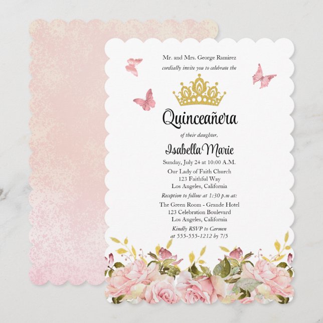 Krone | Schmetterlinge Rosa Rose Floral Quinceañer Einladung (Vorne/Hinten)