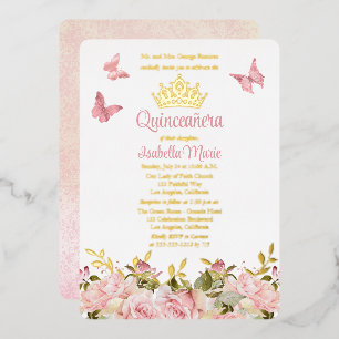 Krone   Schmetterlinge Rosa Rosen Blumen Quinceañe Folieneinladung