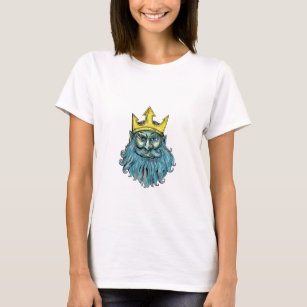 Kronen-Kopf-Holzschnitt Neptun Trident T-Shirt