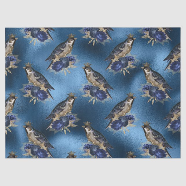 Kronen-Vögel mit Blume auf Blauem Decoupage Seidenpapier (Vorderseite)