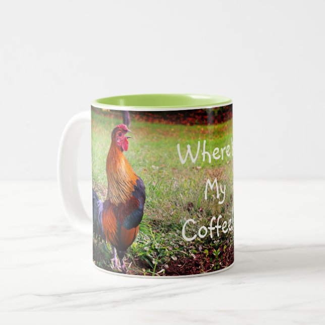 Kronen, wo ist mein Kaffee lustig? Zweifarbige Tasse (Vorderseite Links)