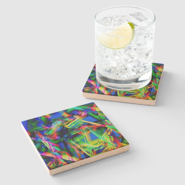 Kronenfarbene Quadrate, grüner Pinselstrich Steinuntersetzer (Seitenansicht)