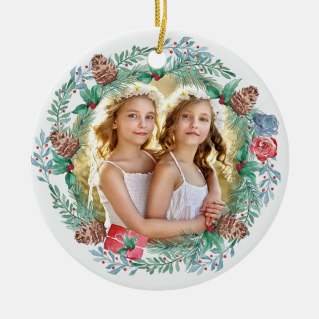 Kronenkranz des Weihnachtsmanns Doppelseitiges Fot Keramik Ornament (Vorne)