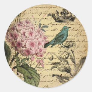 Kronenschrift Hortensie Vogel französisch botanisc Runder Aufkleber