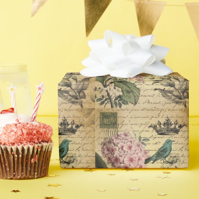 Kronenskript Hydrangea Vogel Französisch botanisch Geschenkpapier (Geburtstagsparty)