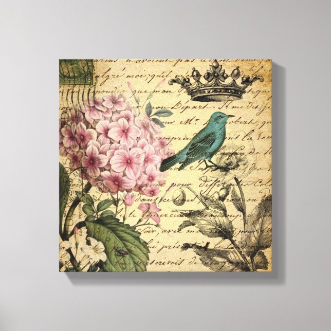 Kronenskript Hydrangea Vogel Französisch botanisch Leinwanddruck (Vorderseite)