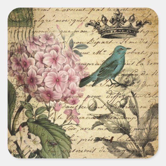 Kronenskript Hydrangea Vogel Französisch botanisch Quadratischer Aufkleber (Vorderseite)