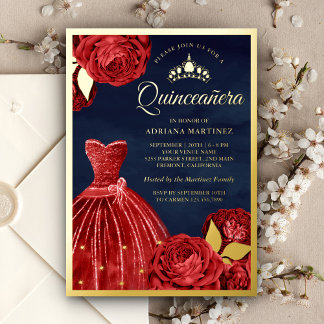 Krongoldfische Rote Rosen der Marine Quinceanera Folieneinladung
