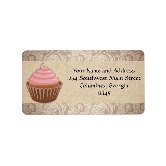 Kronleuchter-Rahmen Cupcake Pink und Brown Damask Adressaufkleber (Vorne)