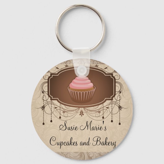 Kronleuchter-Rahmen Cupcake Pink und Brown Damask Schlüsselanhänger (Vorderseite)