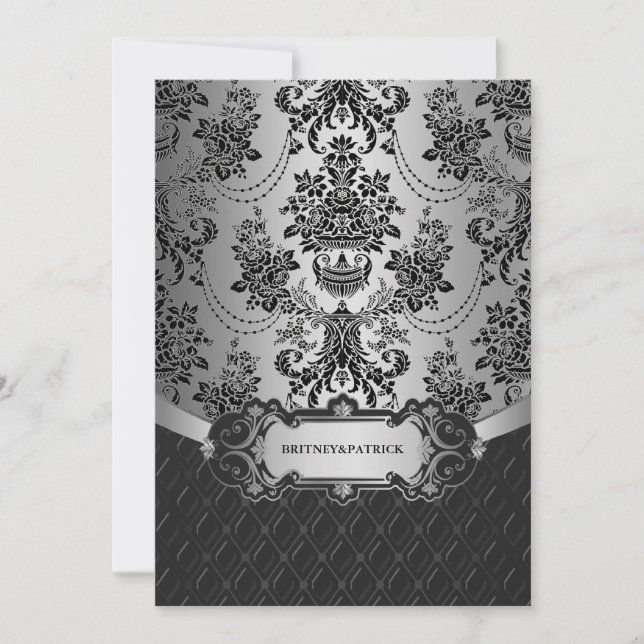 Kronleuchter Silver Black Damask Einladungen (Vorderseite)