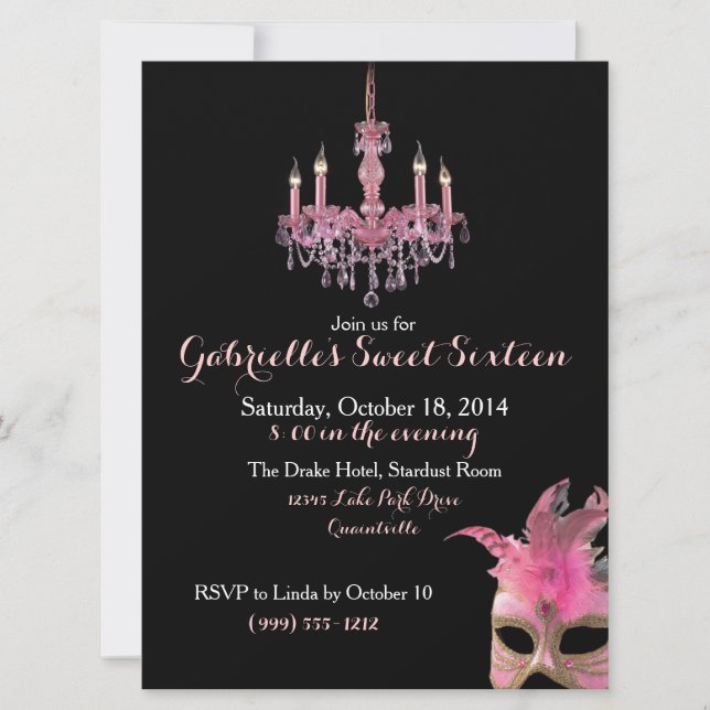 Kronleuchter und Masquerade Sweet 16 Einladungen (Vorderseite)