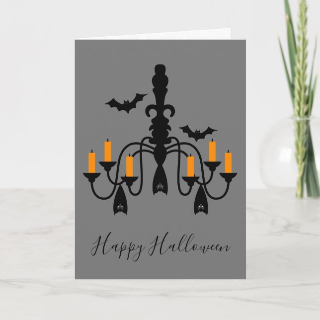 Kronleuchter von Halloween-Kerzen und Fledermäusen Karte (Vorderseite)