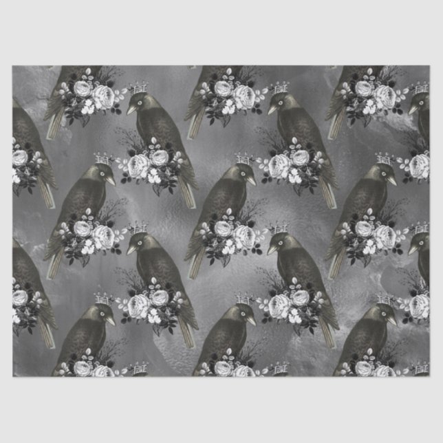 Krönte Schwarze Vögel und weiße Blume auf Grau Seidenpapier (Vorderseite)