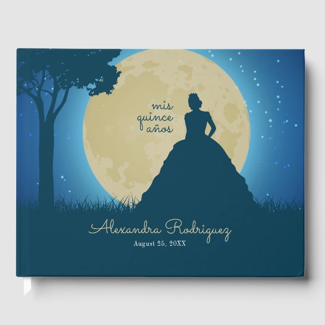 Krönte Silhouette mit dem Monde Quinceanera Gästebuch (Vorderseite)