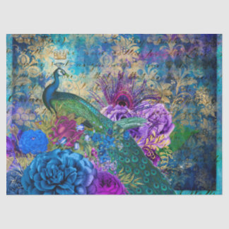 Krönung Pfau auf Blauem Lila Blumendekoupage Seidenpapier