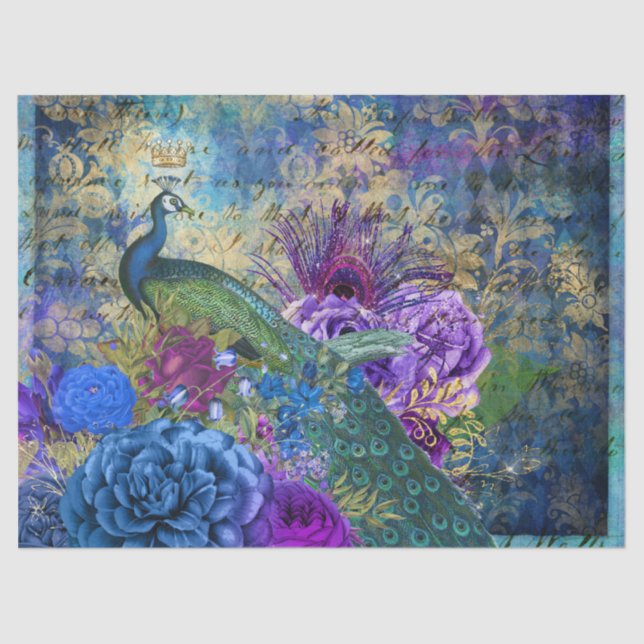 Krönung Pfau auf Blauem Lila Blumendekoupage Seidenpapier (Vorderseite)