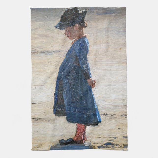 Kroyer - Little Girl stehend am Skagen Beach Geschirrtuch (Vertikal)