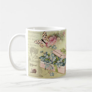 Krug vintage mit Blumen, Schmetterlingen, Rosen, Kaffeetasse