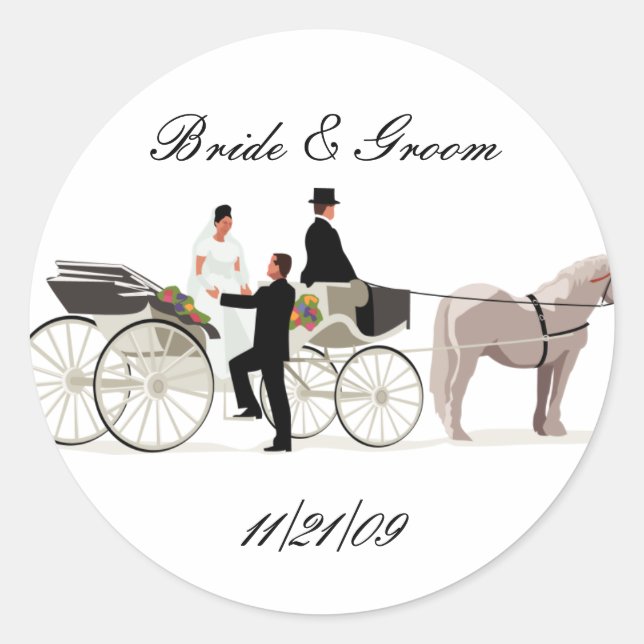 KRW Custom Elegante Horse Gezeichnet Carriage Wedd Runder Aufkleber (Vorderseite)
