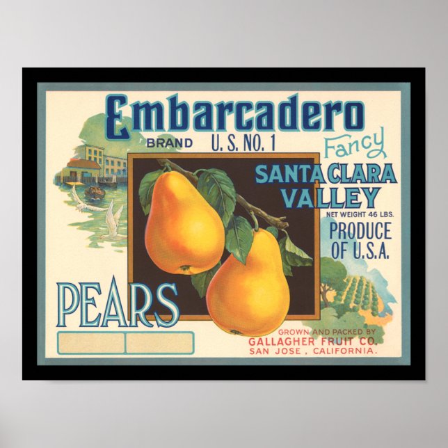 KRW Embarcadero Birnen Vintages Kratetikett Poster (Vorne)