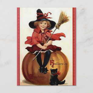 KRW Kleine Hexe Vintage Halloween Postkarte