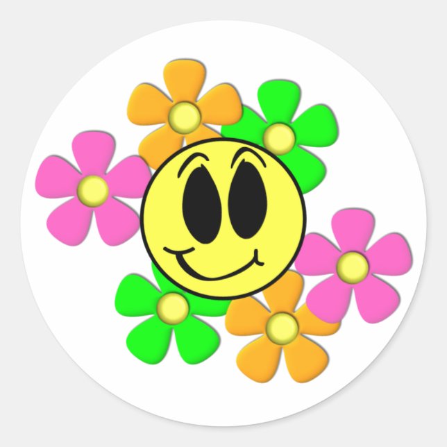 KRW Retro Smile Face und Neon Blume Runder Aufkleber (Vorderseite)