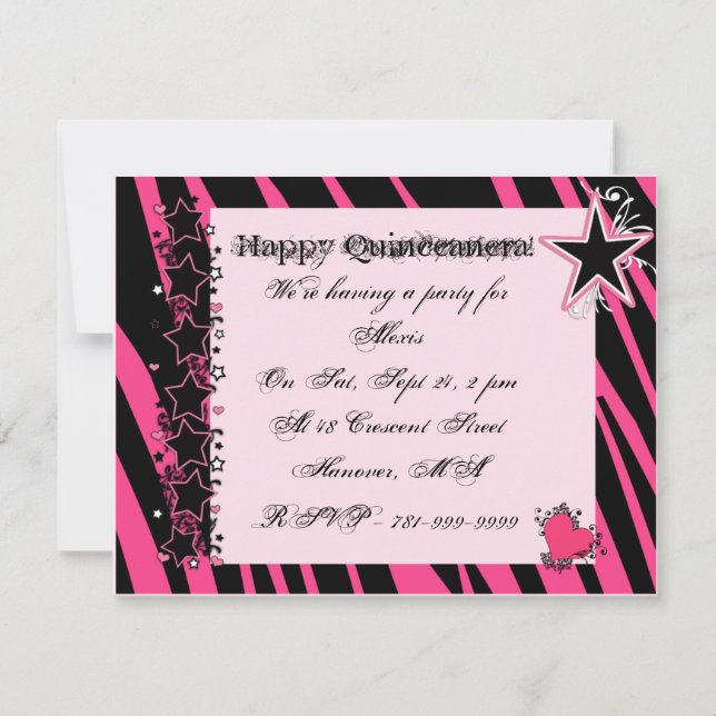 KRW rosa Zebra-Druck-Herz-Sterne Quinceanera Einladung (Vorderseite)