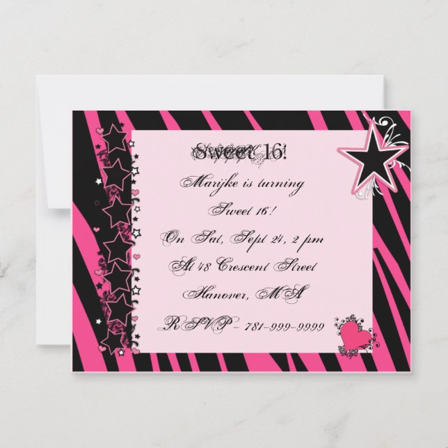 KRW Sweet 16 Pink Zebra Print Heart Stars Geburtst Einladung (Vorderseite)