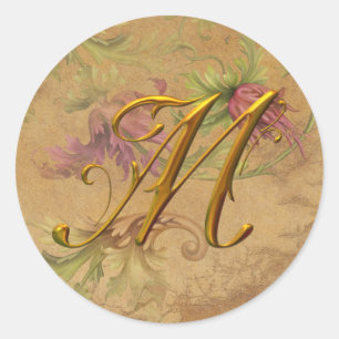 KRW Vintag Floral Gold M Monogram Wedding Siegel Runder Aufkleber