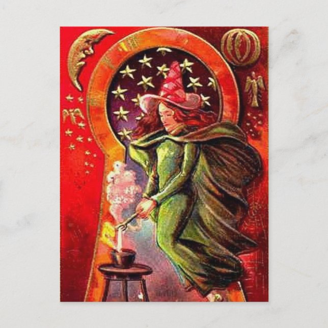 KRW Vintag Halloween Hexe Postkarte (Vorderseite)