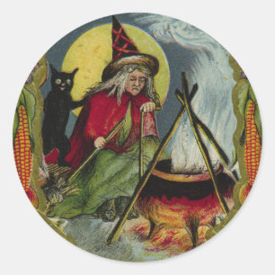 KRW Vintage-Hexe und Kessel Halloween-Aufkleber Runder Aufkleber