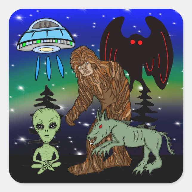 Kryptiden, Bigfoot, Sasquatch, Mothman, Alien, UFO Quadratischer Aufkleber (Vorderseite)