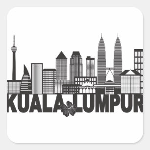 Kuala Lumpur City Skyline Text Schwarz-Weiß-Ill Quadratischer Aufkleber