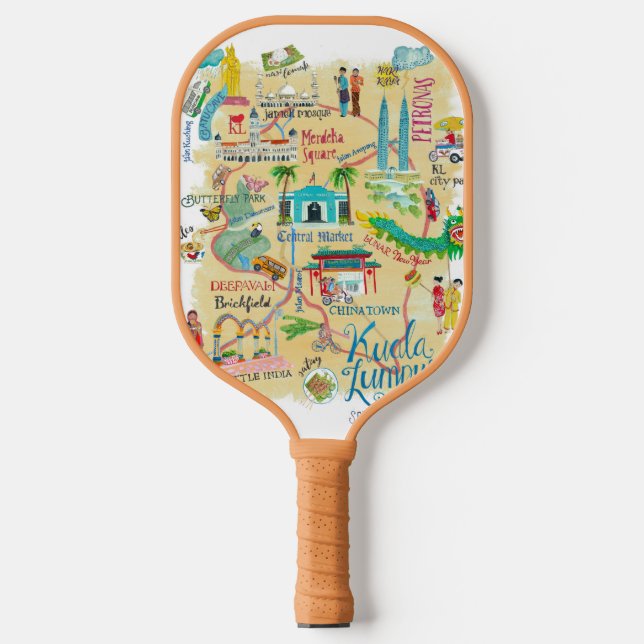 Kuala Lumpur Gelbe illustre Reisekarte Pickleball Schläger (Vorderseite)